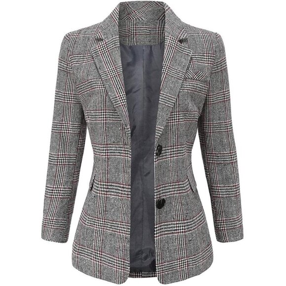 Ebossy Blazer Women Grey Notch Lapel 2 Button Suit Houndstooth Plaid Jacket Coat - Picture 1 of 6